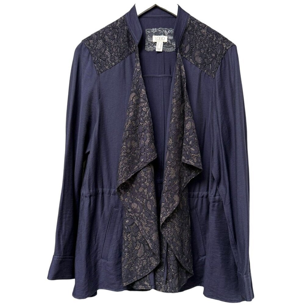 Lace-Trim Navy Drape Front Jacket Size 12